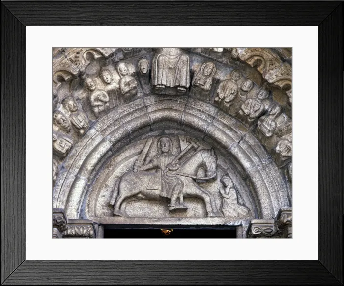 Framed Print : Detail of the tympanum with the image of Santiago on horseback at the Church of Santiago Framed Print : Detail of the tympanum with the image of Santiago on horseback at the Church of Santiago