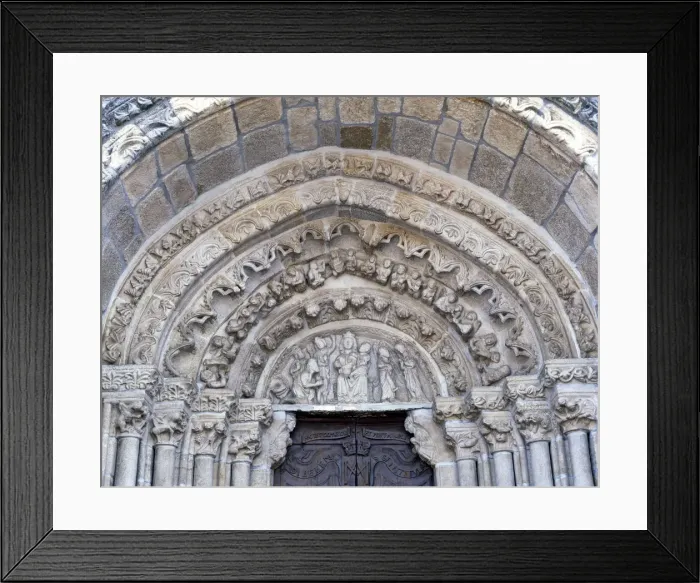 Framed Print : Church of Santa Maria de Azogue, detail of the sculptures in the front with archivolts Framed Print : Church of Santa Maria de Azogue, detail of the sculptures in the front with archivolts