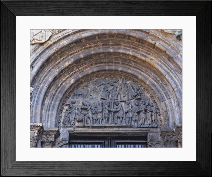 Framed Print : Cathedral of Santiago, the Platerias door, detail of tympanum with scenes Framed Print : Cathedral of Santiago, the Platerias door, detail of tympanum with scenes