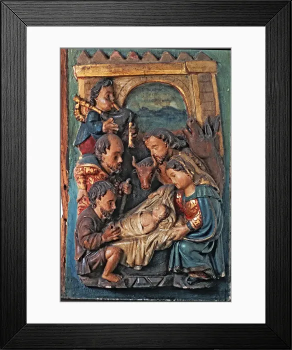 Framed Print : Adoration of the Shepherds. Detail of the predella of an altarpiece Framed Print : Adoration of the Shepherds. Detail of the predella of an altarpiece