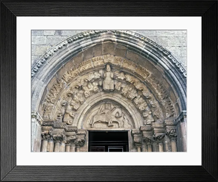 Framed Print : Church of Santiago, detail of the front door with sculpture of Santiago on horseback Framed Print : Church of Santiago, detail of the front door with sculpture of Santiago on horseback