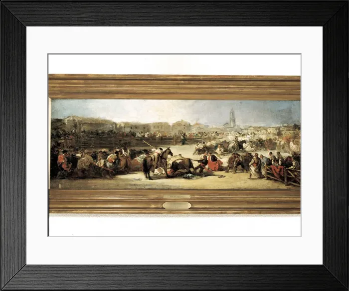 Framed Print : Bullfight in a village, oil on table Framed Print : Bullfight in a village, oil on table