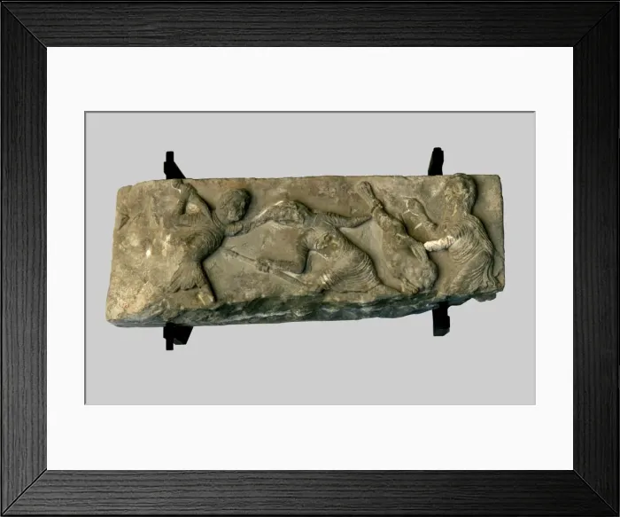 Framed Print : Frieze with hunting scene made of sandstone, it comes from the Collegiate from Santa Framed Print : Frieze with hunting scene made of sandstone, it comes from the Collegiate from Santa