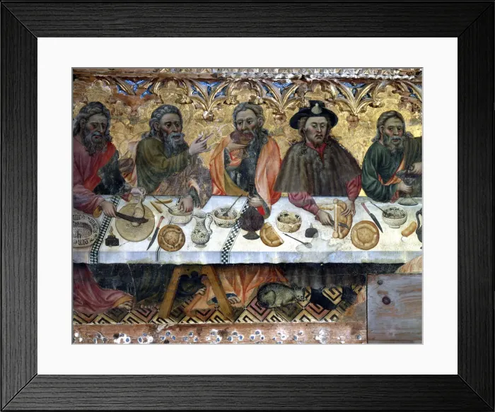 Framed Print : Holy Supper tempera painting on wood by Jaume Ferrer, detail of the apostles in the left side Framed Print : Holy Supper tempera painting on wood by Jaume Ferrer, detail of the apostles in the left side