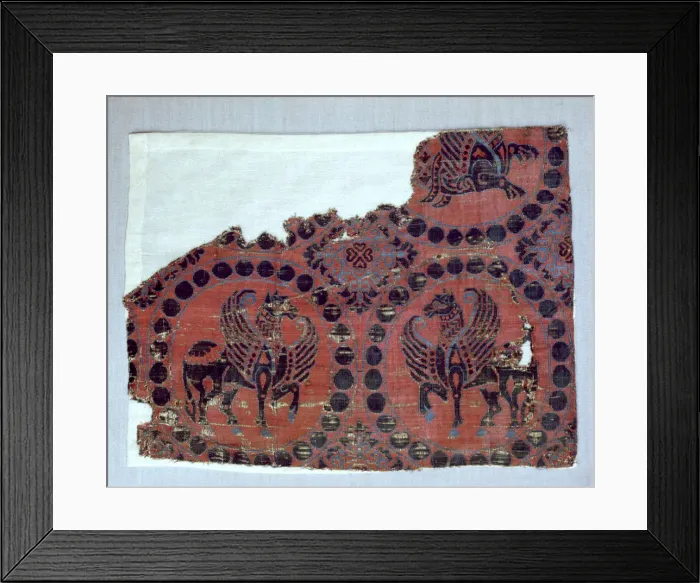 Framed Print : Silk fabric with decoration of winged horses, from the Monastery of Santa Maria de l Estany Framed Print : Silk fabric with decoration of winged horses, from the Monastery of Santa Maria de l Estany