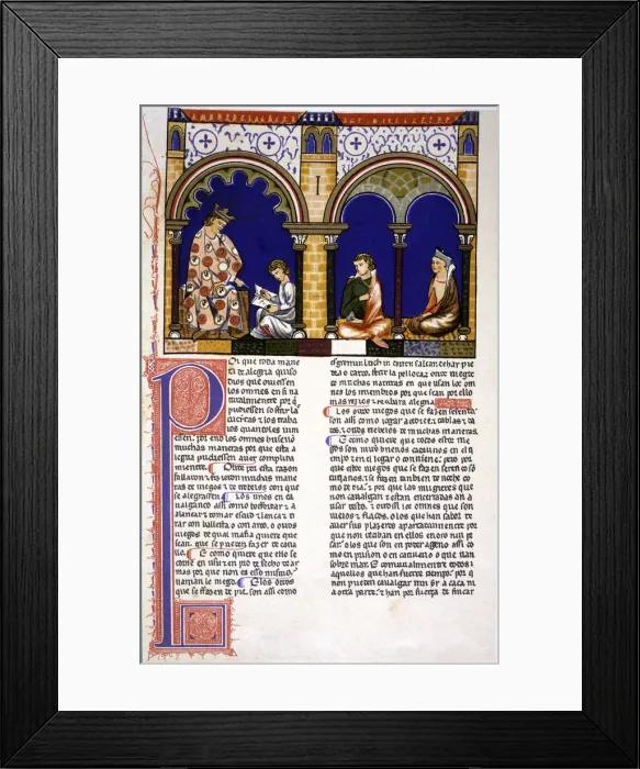 Framed Print : King instructing a child, miniature in the Book of Games, manuscript, 1283, by Alfonso X el Sabio Framed Print : King instructing a child, miniature in the Book of Games, manuscript, 1283, by Alfonso X el Sabio