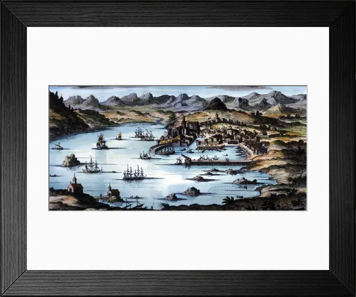 Framed Print : View of the city and the port of Santander, coloured engraving