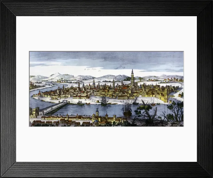 Framed Print : View of the city of Seville with Guadalquivir River, coloured engraving Framed Print : View of the city of Seville with Guadalquivir River, coloured engraving