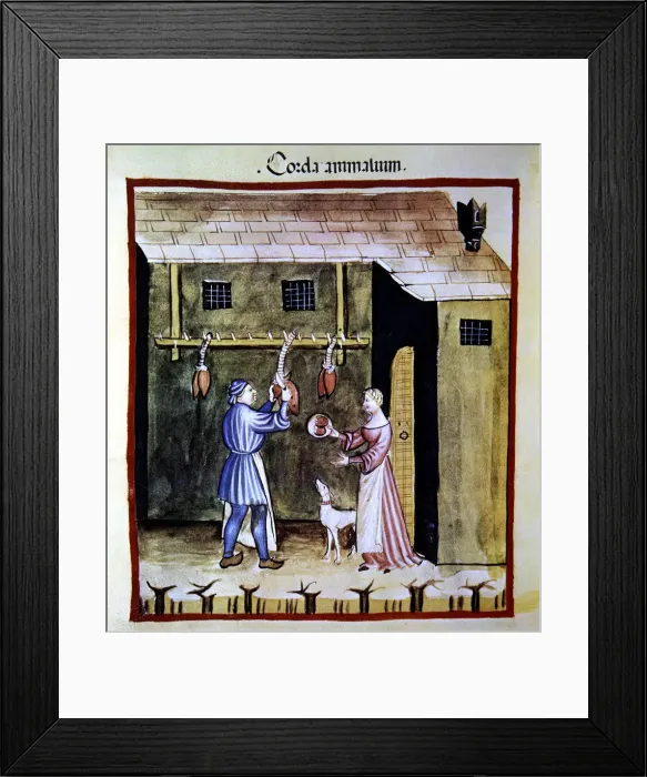 Framed Print : Tripe and offal shop, selling animal hearts. Miniature in the Tacuinum sanitatis Framed Print : Tripe and offal shop, selling animal hearts. Miniature in the Tacuinum sanitatis