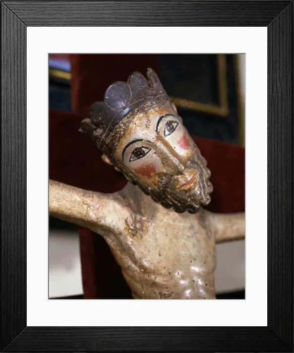 Framed Print : Christ of Solsona, polychromed wood carving, detail of the superior part Framed Print : Christ of Solsona, polychromed wood carving, detail of the superior part