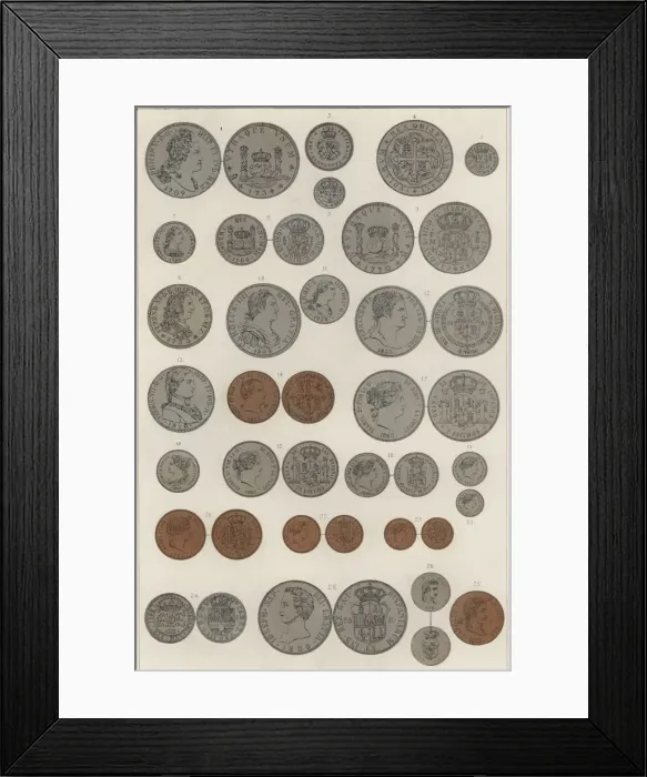 Framed Print : Coins minted by Kings of Madrid. Philip V, Louis I, Ferdinand VI, Charles III, Charles IV Framed Print : Coins minted by Kings of Madrid. Philip V, Louis I, Ferdinand VI, Charles III, Charles IV