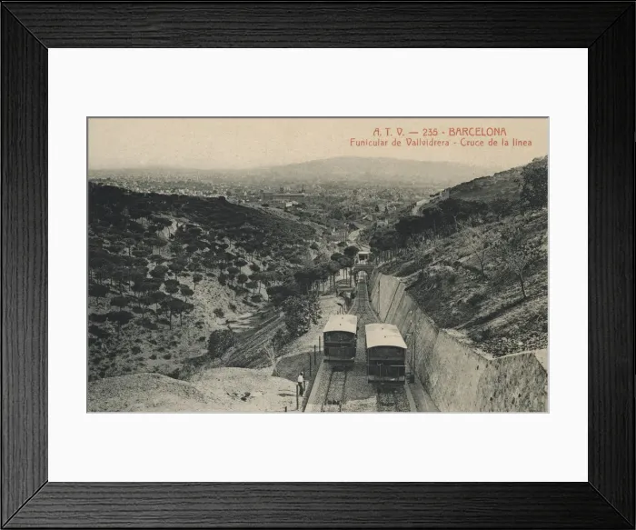 Framed Print : Vallvidrera Funicular, crossing the line, photography of 1915, edited by ATV postcard