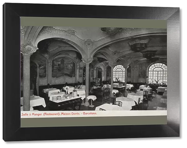 Dining room of the Restaurant Maison Doree in Barcelona, ??1915 photograph, postcard