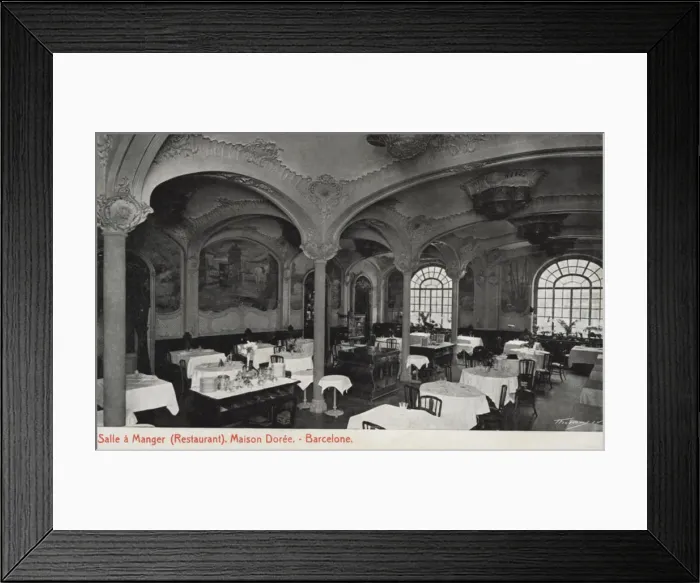 Framed Print : Dining room of the Restaurant Maison Doree in Barcelona, ??1915 photograph, postcard Framed Print : Dining room of the Restaurant Maison Doree in Barcelona, ??1915 photograph, postcard