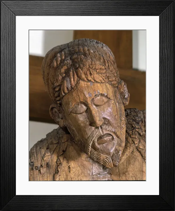 Framed Print : Descent of Erill-la-Vall, detail of the face of Christ, 12th century polychromed sculpture Framed Print : Descent of Erill-la-Vall, detail of the face of Christ, 12th century polychromed sculpture