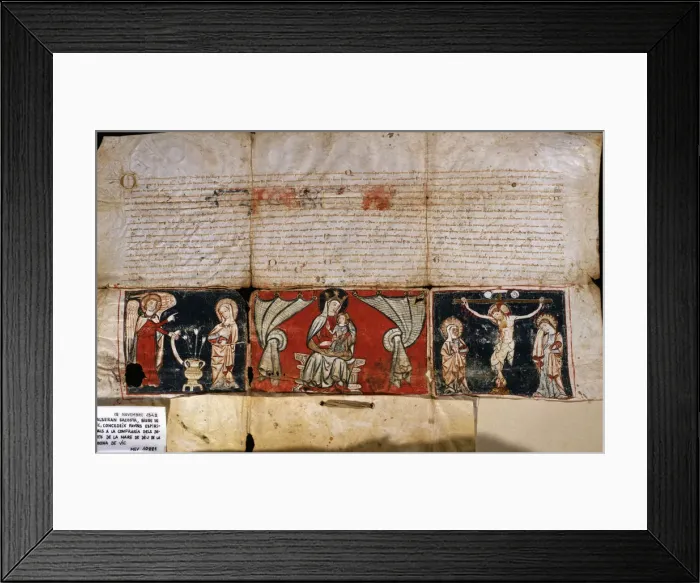 Framed Print : Granting of indulgences to Virgin de la Rodona of Vic, parchment with an illustration Framed Print : Granting of indulgences to Virgin de la Rodona of Vic, parchment with an illustration