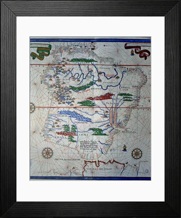 Framed Print : Atlas of Joan Martines, Messina, 1582. Portulan chart of South America, from Panama Framed Print : Atlas of Joan Martines, Messina, 1582. Portulan chart of South America, from Panama