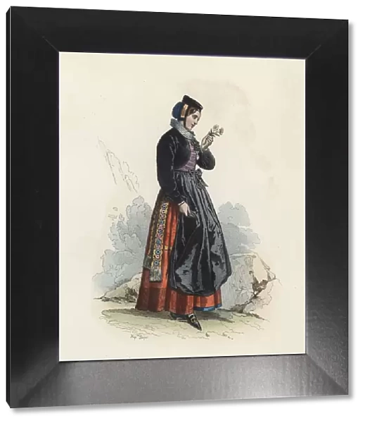 Young woman in the Canton of Fribourg (Switzerland), color engraving 1870