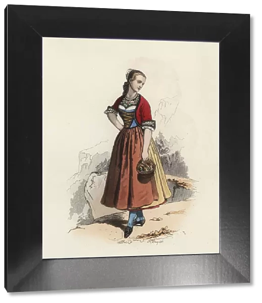 Young woman in the Canton of Thurgovie (Switzerland), color engraving 1870