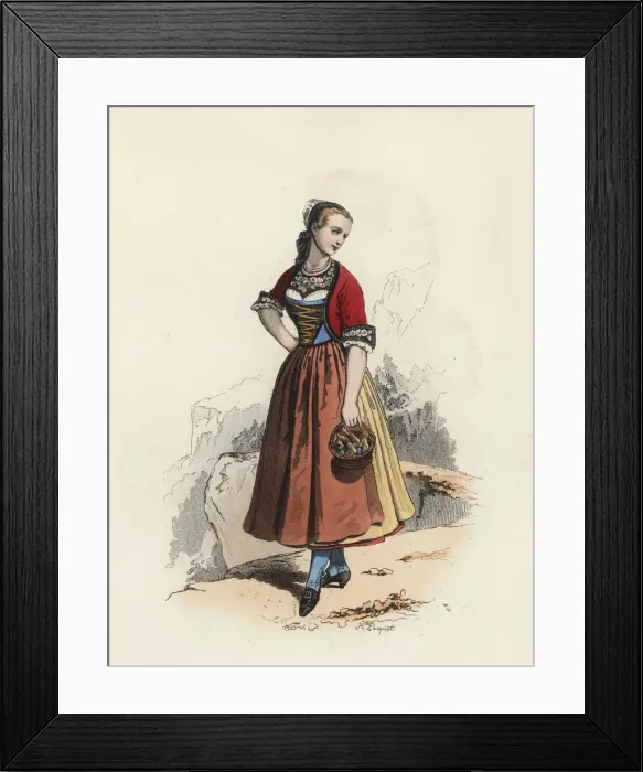 Framed Print : Young woman in the Canton of Thurgovie (Switzerland), color engraving 1870 Framed Print : Young woman in the Canton of Thurgovie (Switzerland), color engraving 1870