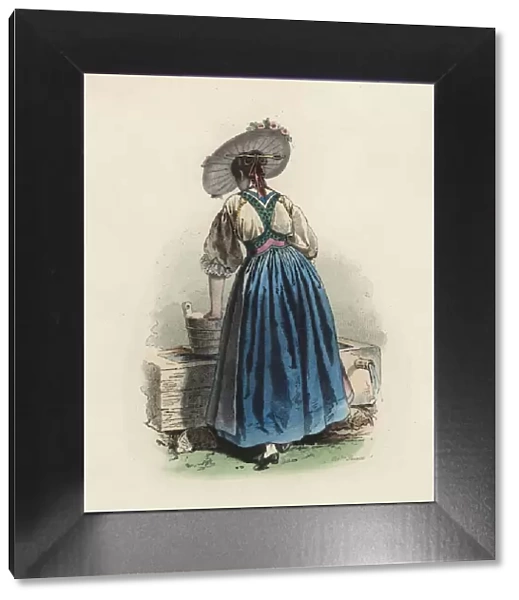 Young woman from the Canton Unterwald (Switzerland), color engraving 1870
