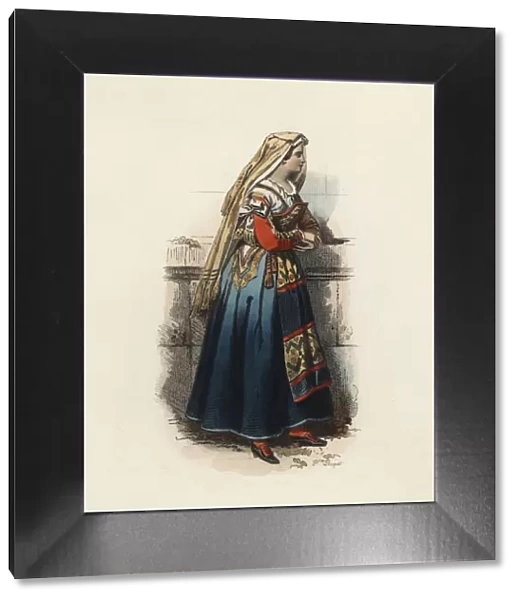 Woman from Cervera (Kingdom of Naples), color engraving 1870