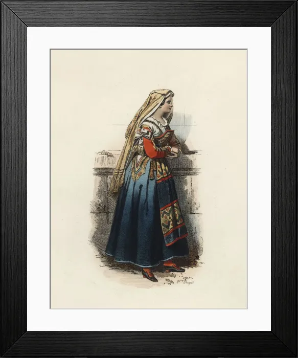 Framed Print : Woman from Cervera (Kingdom of Naples), color engraving 1870 Framed Print : Woman from Cervera (Kingdom of Naples), color engraving 1870