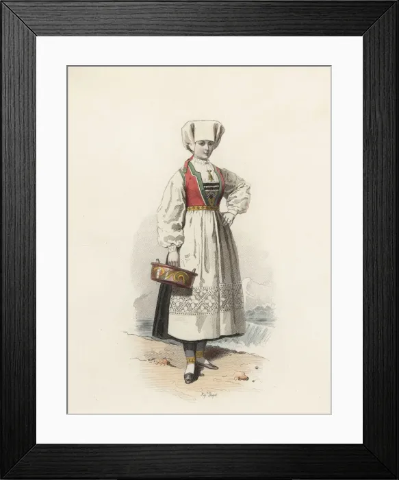 Framed Print : Young woman from Hardanger (Norway), color engraving 1870 Framed Print : Young woman from Hardanger (Norway), color engraving 1870