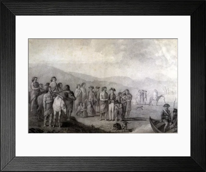 Framed Print : Malaspina Expedition, meeting with the Patagonians in Puerto Deseado, pencil drawing Framed Print : Malaspina Expedition, meeting with the Patagonians in Puerto Deseado, pencil drawing