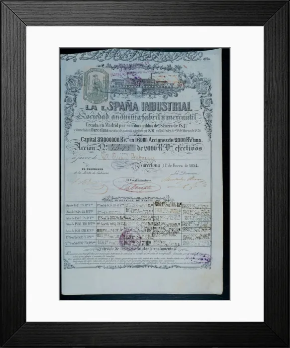 Framed Print : Shares of vellon reals (old Spanish money) of the industrial and commercial Society Framed Print : Shares of vellon reals (old Spanish money) of the industrial and commercial Society