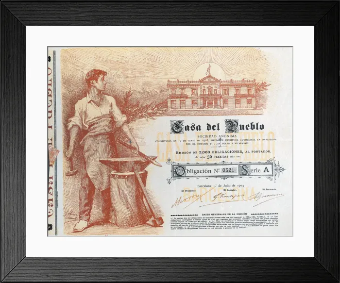 Framed Print : Mortgage bond of Casa del Pueblo, SA, established in Barcelona on 1st July 1904 Framed Print : Mortgage bond of Casa del Pueblo, SA, established in Barcelona on 1st July 1904