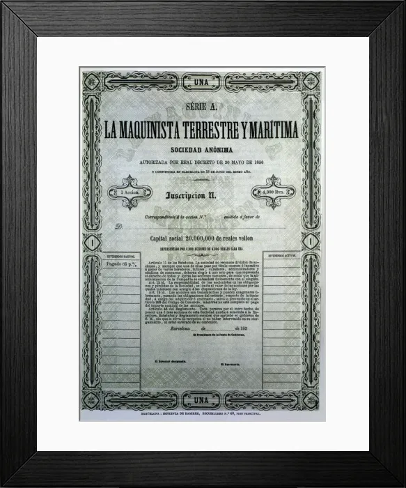 Framed Print : Reproduction of a share of the company Maquinista Terrestre y Maritima, S. A Framed Print : Reproduction of a share of the company Maquinista Terrestre y Maritima, S. A