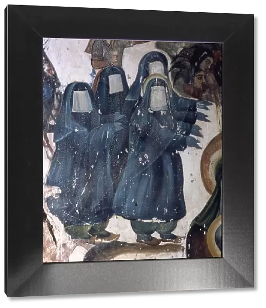 Veiled women in mourning dresses, for the death of their husbands in combat, 17th century murals