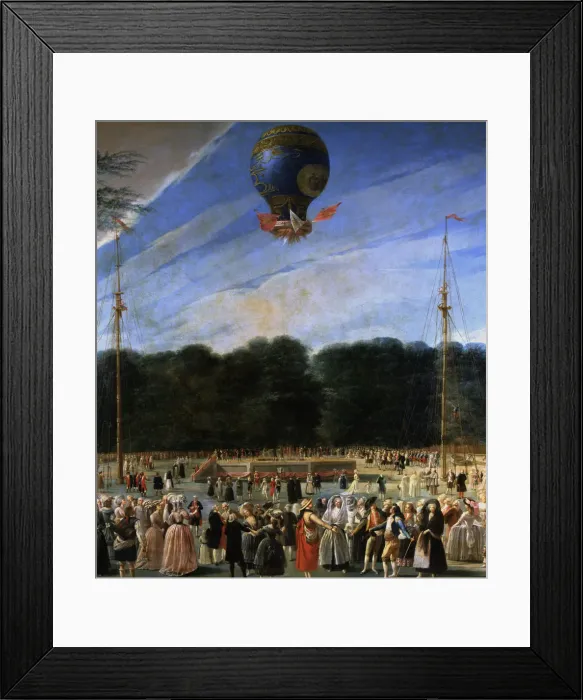 Framed Print : Ascent of a Montgolfier Balloon in Madrid 5 - Jul. 1784, flight by Boucle, oil on canvas Framed Print : Ascent of a Montgolfier Balloon in Madrid 5 - Jul. 1784, flight by Boucle, oil on canvas