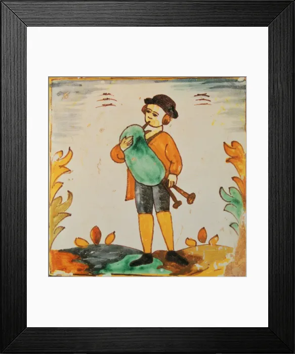 Framed Print : Tiles of the Palmita series. Musician playing the bagpipe (rustic) Framed Print : Tiles of the Palmita series. Musician playing the bagpipe (rustic)