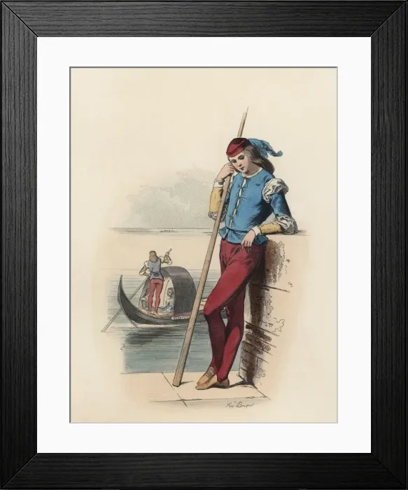 Framed Print : Venetian gondolier from beginning 16th century, color engraving 1870 Framed Print : Venetian gondolier from beginning 16th century, color engraving 1870