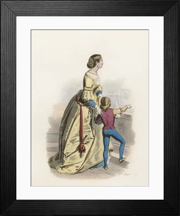 Framed Print : Venetian young woman and child in the Modern Age, color engraving 1870 Framed Print : Venetian young woman and child in the Modern Age, color engraving 1870