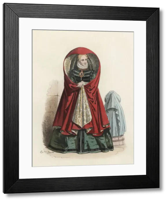 Framed Print : Noble lady of Antwerp, in the modern age, color engraving 1870 Framed Print : Noble lady of Antwerp, in the modern age, color engraving 1870