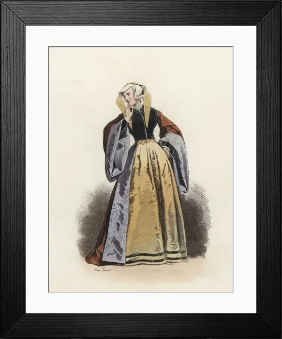 Framed Print : Prussian housekeeper with a party dress, in the modern age, color engraving 1870 Framed Print : Prussian housekeeper with a party dress, in the modern age, color engraving 1870