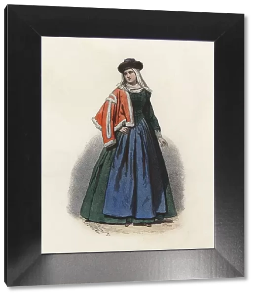 Woman of a Polish affluent from Krakow, in the modern age, color engraving 1870