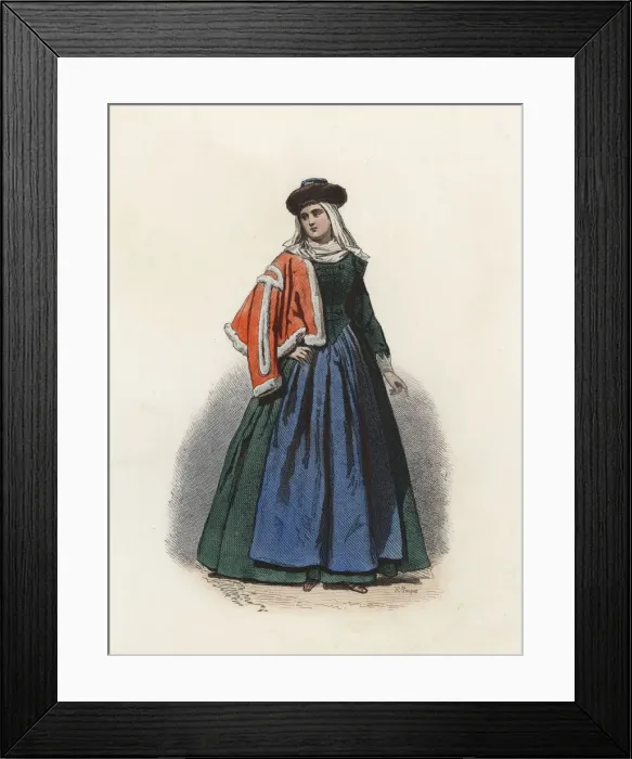 Framed Print : Woman of a Polish affluent from Krakow, in the modern age, color engraving 1870 Framed Print : Woman of a Polish affluent from Krakow, in the modern age, color engraving 1870