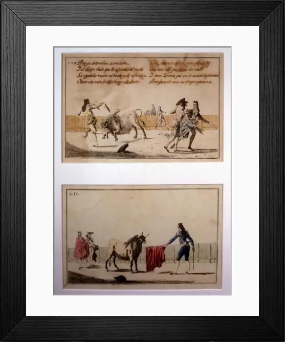 Framed Print : Suerte de Banderillas (Bullfighting stage), colored engraving by Antonio Carnicero Framed Print : Suerte de Banderillas (Bullfighting stage), colored engraving by Antonio Carnicero