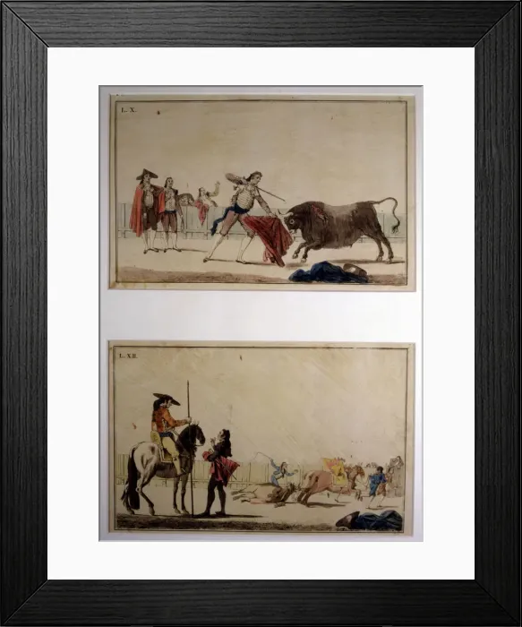 Framed Print : Suerte de Matar (Bullfighting stage), colored engraving by Antonio Carnicero Framed Print : Suerte de Matar (Bullfighting stage), colored engraving by Antonio Carnicero