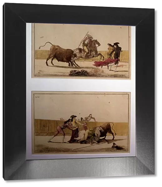 Suerte de Varas (Bullfighting stage), colored engraving by Antonio Carnicero