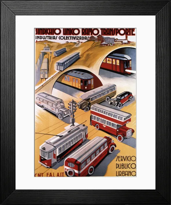 Framed Print : Poster advertising the urban public services, published by CNT and FAI during Framed Print : Poster advertising the urban public services, published by CNT and FAI during