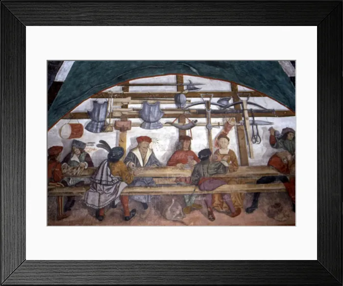 Framed Print : Frescoes preserved in the Castle of Issogne, scenes of guards Framed Print : Frescoes preserved in the Castle of Issogne, scenes of guards