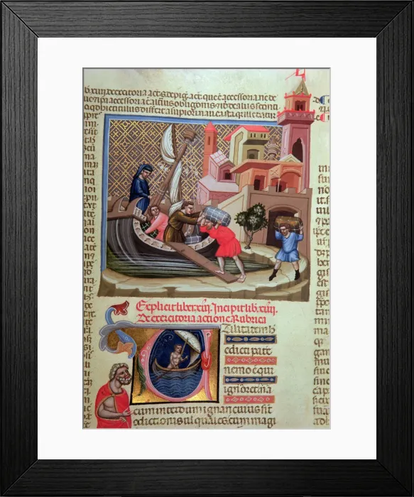 Framed Print : Shipment of goods on a boat and illuminated initial letter with a sailor in a boat Framed Print : Shipment of goods on a boat and illuminated initial letter with a sailor in a boat