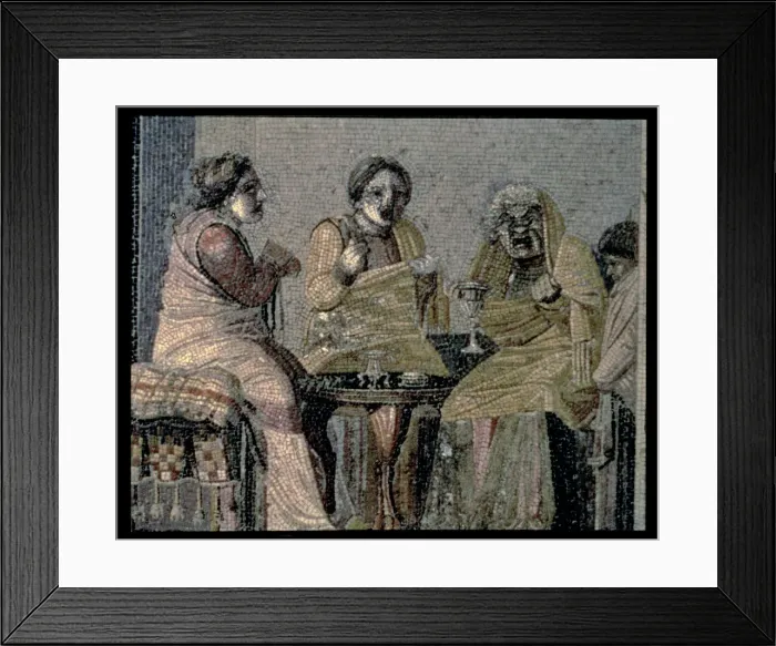 Framed Print : Magician and her customers. Mosaic from Pompeiis Villa of Cicero, c. 100 a. C Framed Print : Magician and her customers. Mosaic from Pompeiis Villa of Cicero, c. 100 a. C