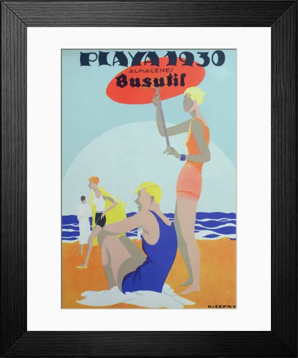Framed Print : Advertising poster of the beach fashion of Busutil stores, 1930 Framed Print : Advertising poster of the beach fashion of Busutil stores, 1930