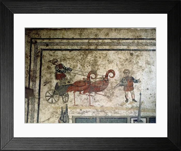 Framed Print : Mosaic with the representation of a chariot drawn by birds Framed Print : Mosaic with the representation of a chariot drawn by birds